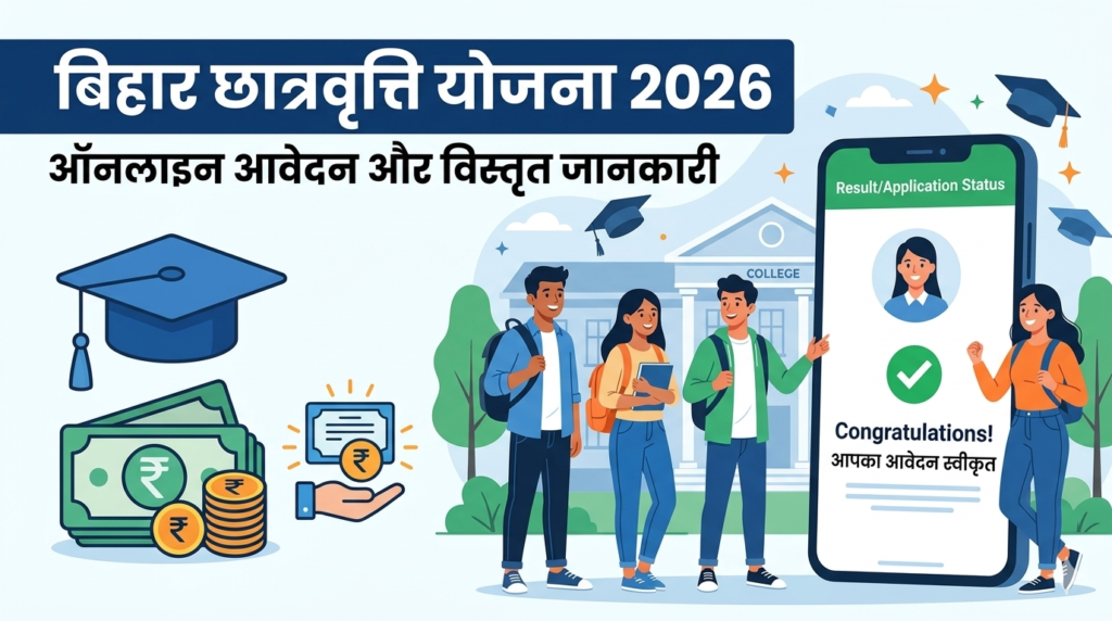 Illustration promoting the Bihar Scholarship Scheme 2026, featuring students celebrating with graduation caps and a smartphone displaying application status, alongside symbols of money and a college building.